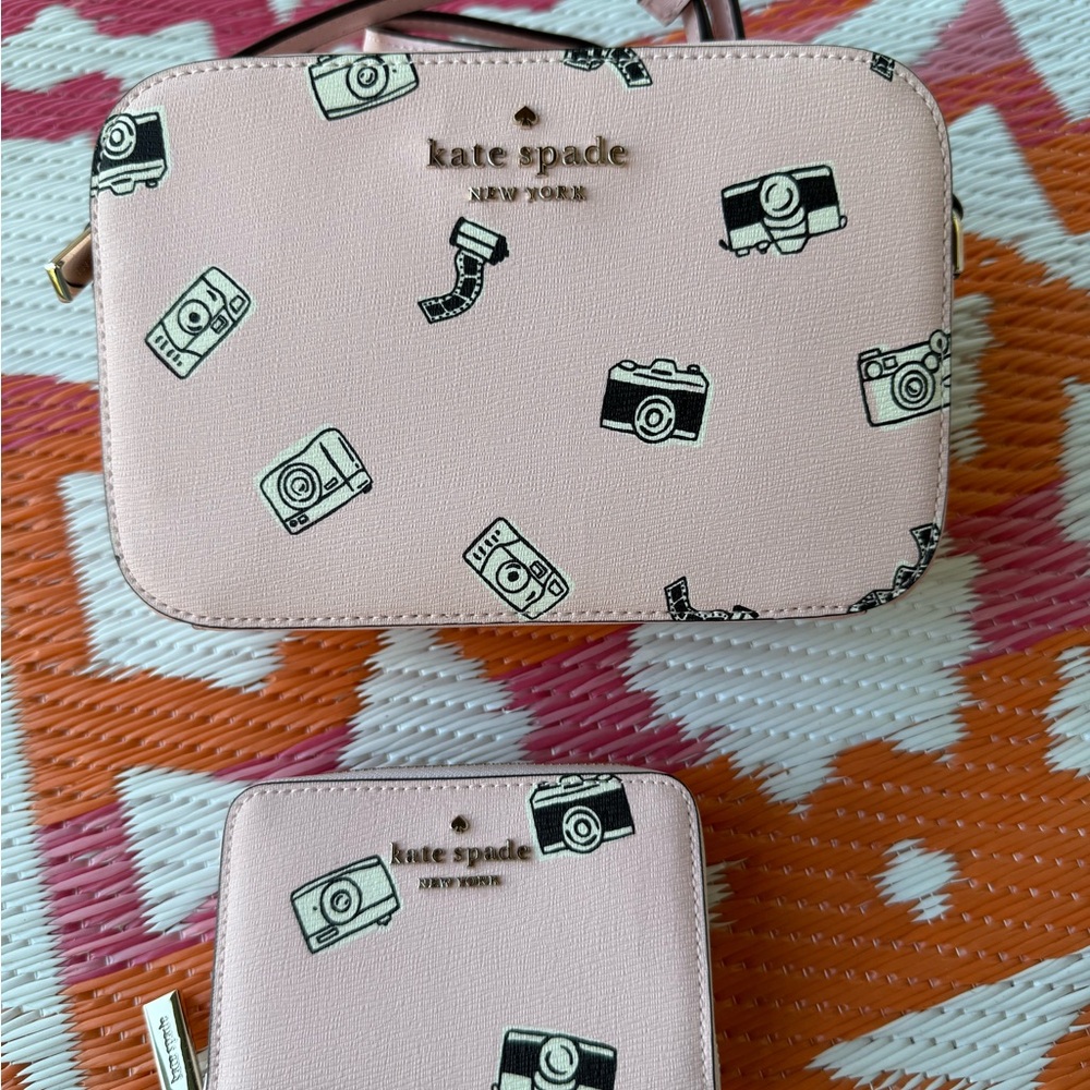 Kate Spade Pink Camera Print Crossbody Bag with Matching Wallet